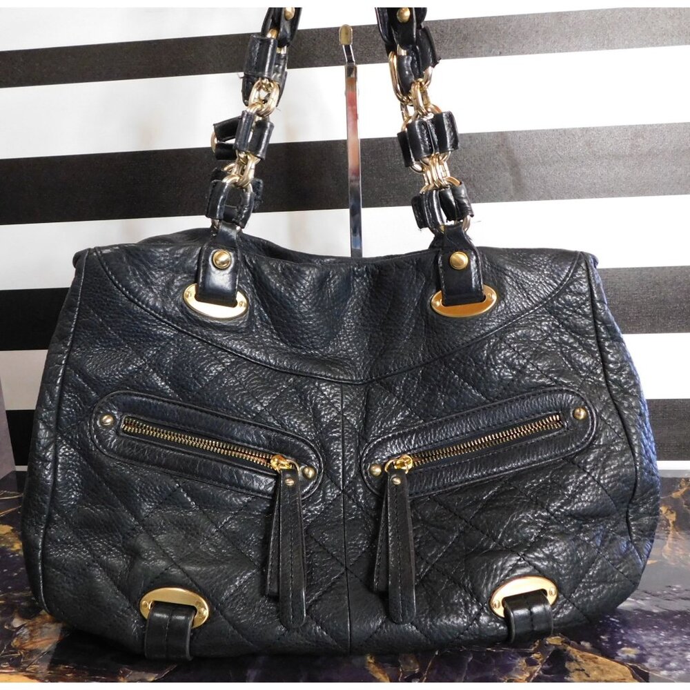 B. Makowsky Black Genuine Leather Quilted Purse With Gold Hardware & Leopard Pri